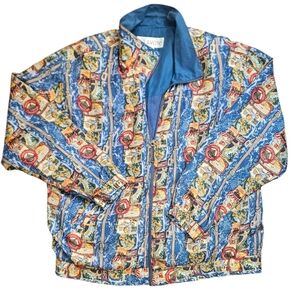 L'avon Vintage Y2k Women Multi Color 100% Silk Printed Zip-Up Jacket Size XL